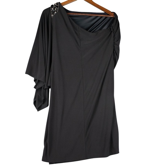 R M Richards Womens 14 One-Shoulder Draped Dress‎ Black Jewel Cocktail Party LBD - Picture 4 of 14